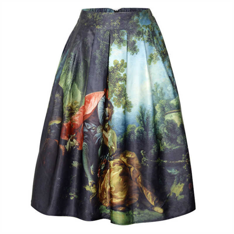 Neophil Retro Gothic 50s Princess Royal Vintage Fantasy Oil Painting Print High Waist Midi Pleated Skirts Women Saias S1607022 210619