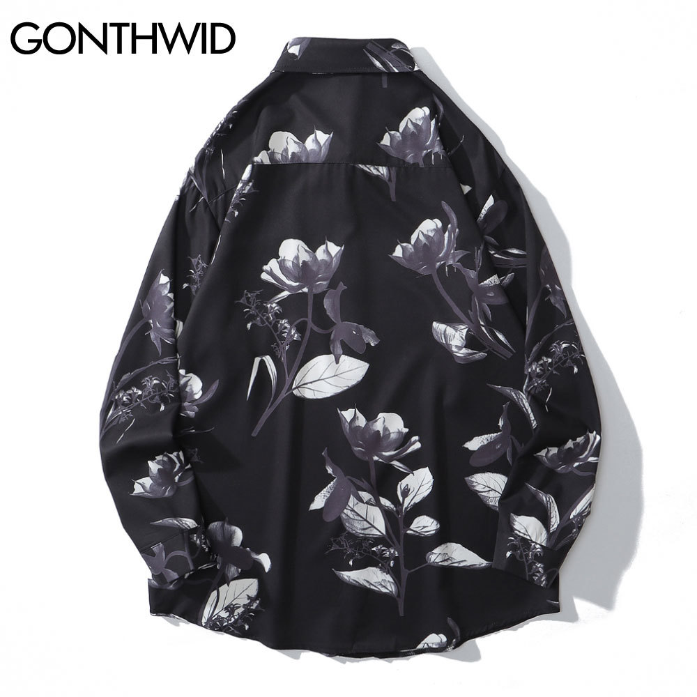 GONTHWID Hawaiian Beach Shirts Graffiti Flowers Print Long Sleeve Button Shirts Hip Hop Casual Harajuku Holiday Party Blouse 210410