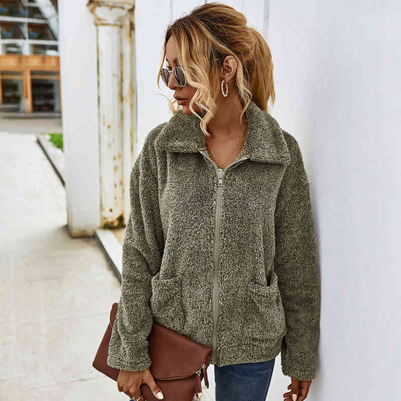 Autumn Winter Thick Warm Plush Jackets Female Fashion Lapel Pocket Zipper Soild Cardigan Faux Fur Coat Casual Loose Women Jacket 210522
