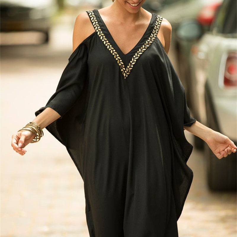 Elegant Black Kaftan Beach Tunic Cover up Saida de Praia Swimsuit Women Bikini cover Pareo Sarong wear Q943 210420