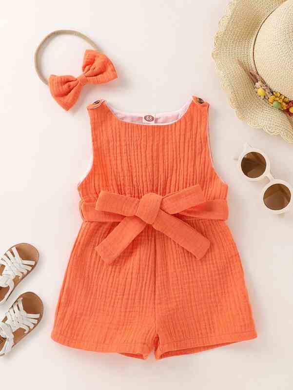 Baby Solid Belted Romper With Headband SHE