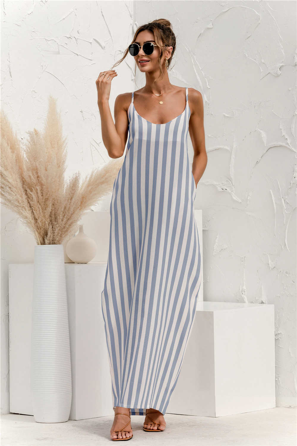 Striped Backless Bohemian Maxi Dress Women Summer Sexy Spaghetti Strap Pocket Casual Loose Holiday Beach Robe Femme Vestidos 210526