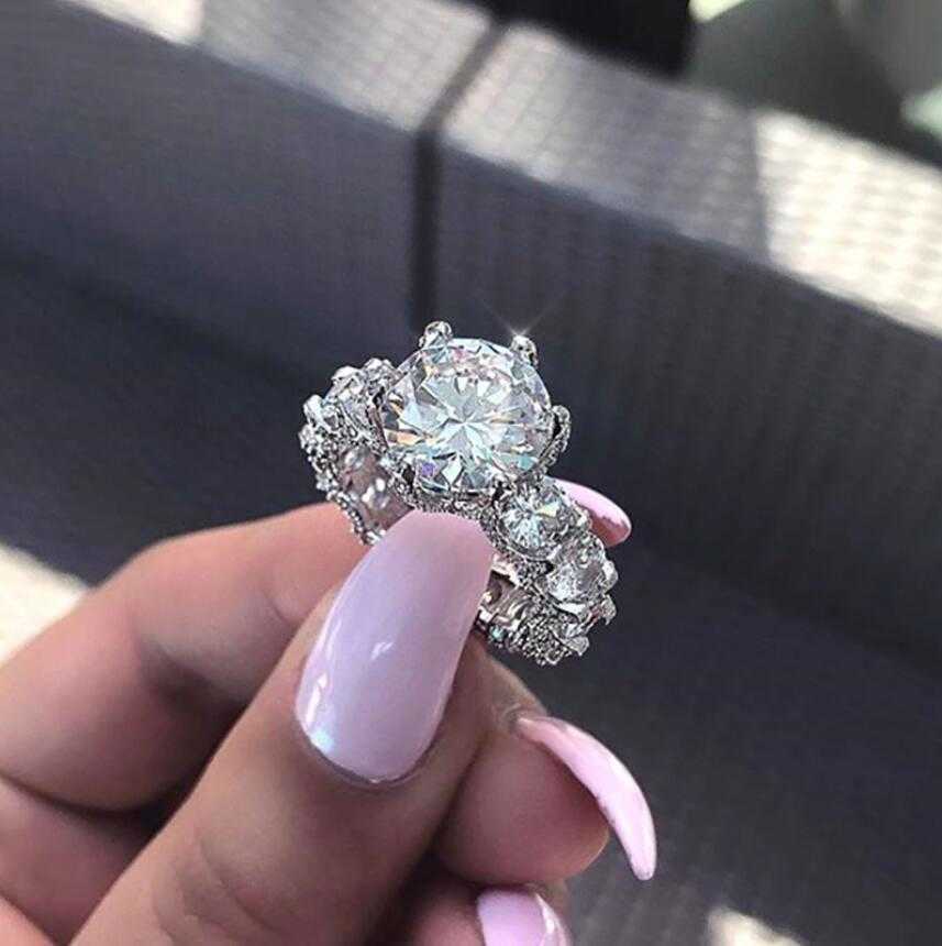 Cocktail Sparkling Luxury Jewelry 925 Sterling Silver Large Round Cut White Topaz CZ Diamond Promise Women Wedding Band Ring