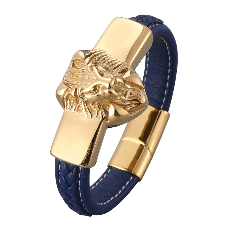 Hip Hop Men Jewelry Gold Plated Stainless Steel Lion Head Charm Leather Bracelet with Buckle