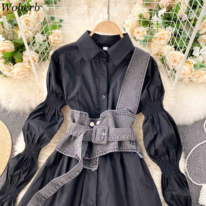 Blouse Women Puff Sleeve Turn-down Collar White Shirts Denim Sling Vest Tops Korean Fashion All-match Blouses Blusas 210519