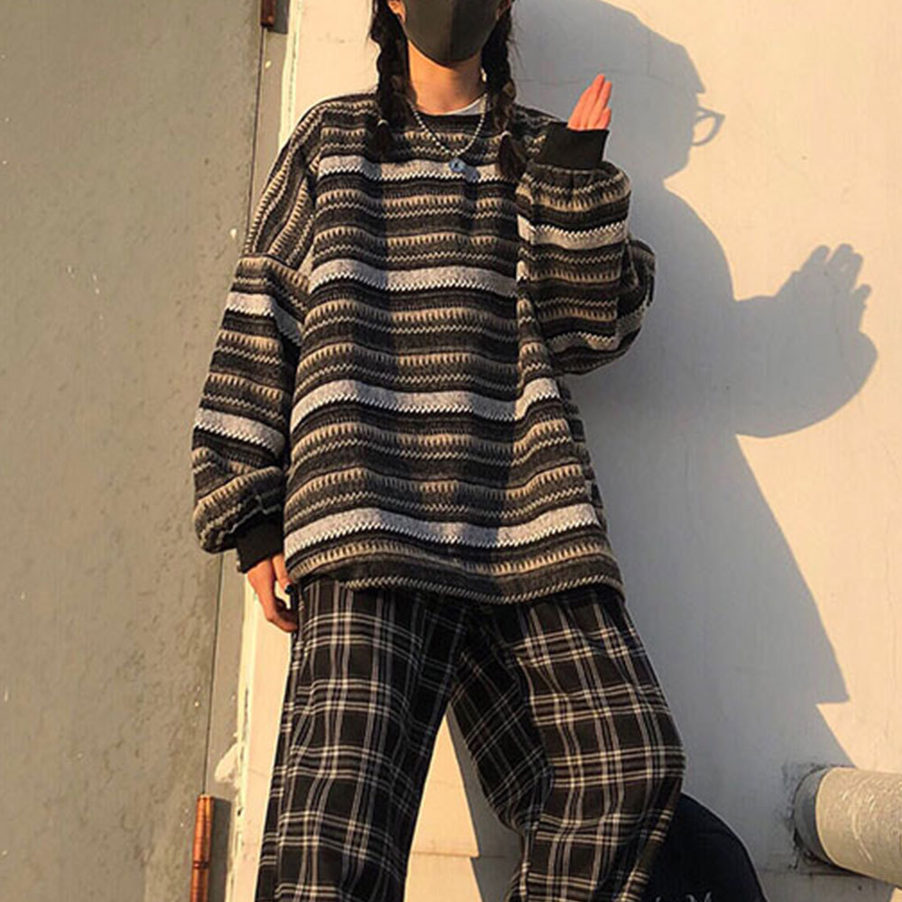 Pullovers Women Oversize BF Unisex Couples Japanese Striped Knit Sweater Hip Hop Female Winter Fashion Retro Daily Clothing 210428