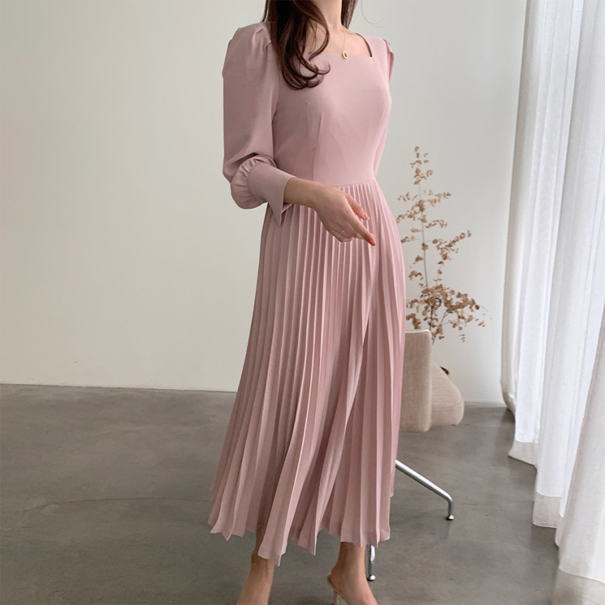 Autumn Women Korea Chic Pleated Dress Women's Long Sleeve Casual Solid Temperament Lady Dresses Vestidos 210506
