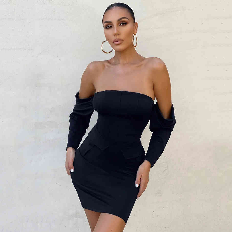 Free Women's White Bandage Dresses Sexy Card Shoulder Long Sleeve Bodycon Mini Dress Club Night Party Vestidos 210524