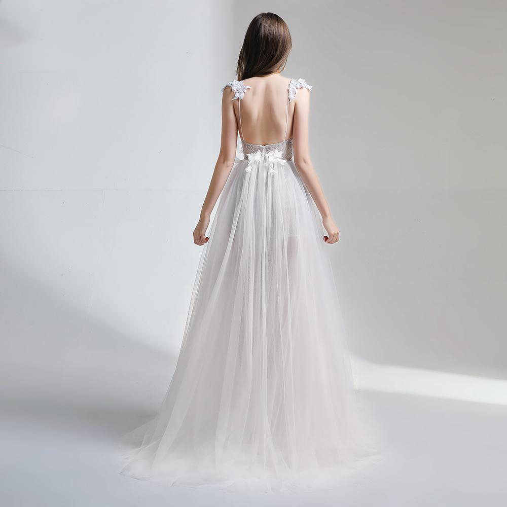 Fashion White Lace Evening Dress Sexy V-neck Backless Beach Dress Vestido De Fiesta Banquet Flower Party Formal Gown in Stock