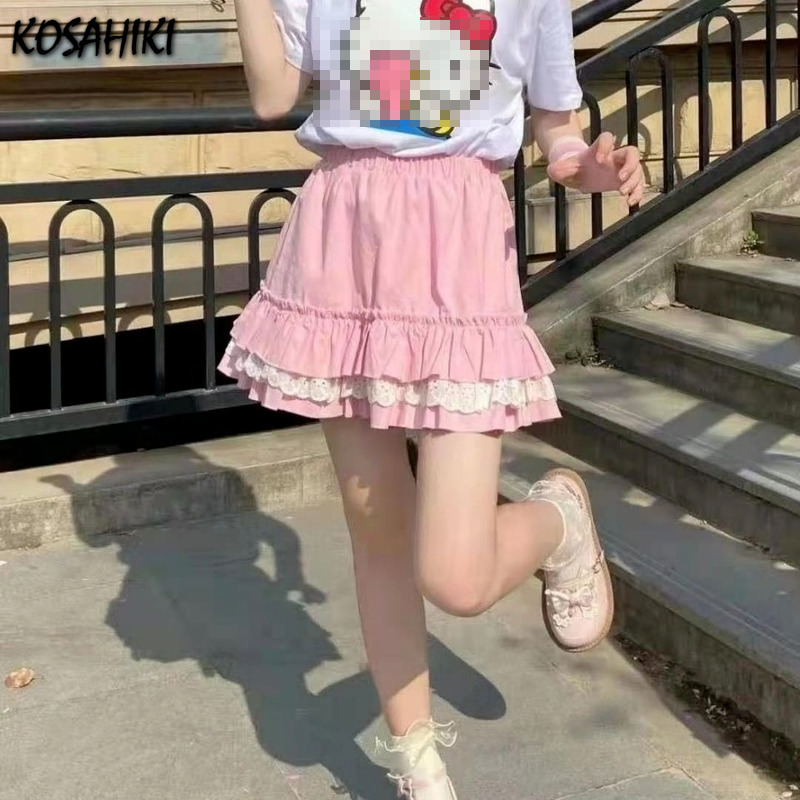 KOSAHIKI High Waist Mini Skirt Japan Cute Sweet Faldas Mujer Moda Quality Lace Patch Pleated Skirts Women Summer Saia 220312