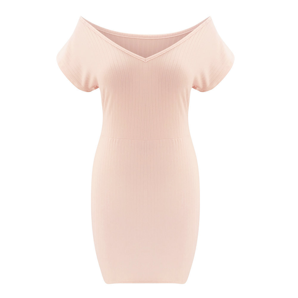 Sexy V-Neck Solid Slim Mini Dress Women Summer Fashion Off Shoulder Short Sleeve High Waist Package Hip Bodycon Pencil Dress 210507