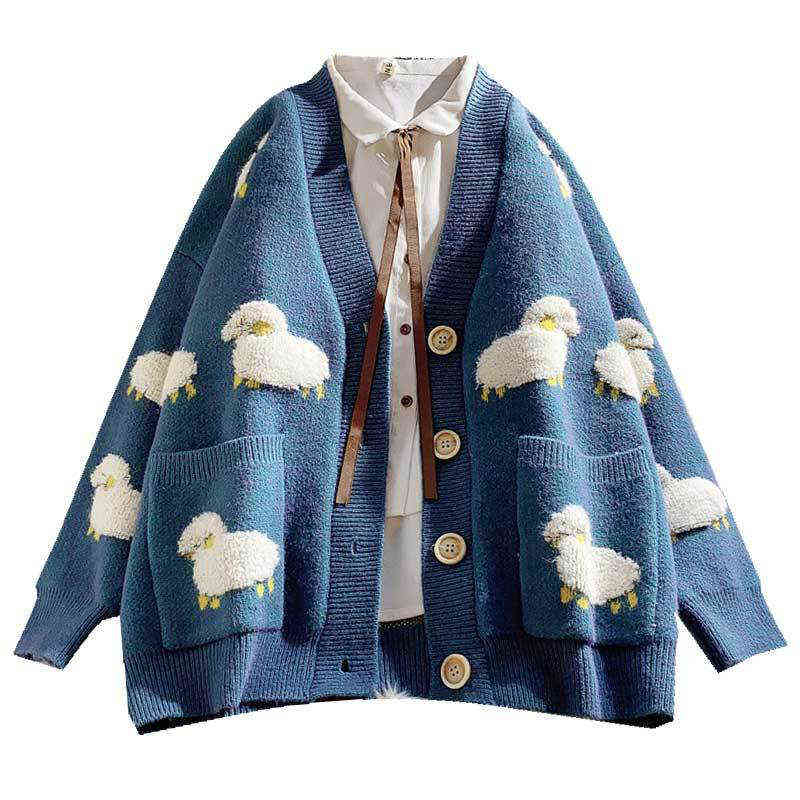 Autumn Winter Plus Size 3xl Cute Cartoon Print Knitted Cardigan Casual Big Pocket Single-breasted Sweaters Korean Loose Sweater 211117
