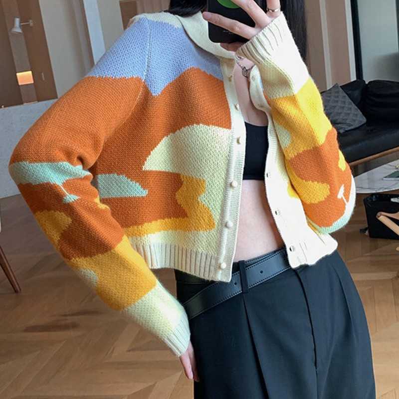 Yedinas Sweet Cropped Cardigan Knitted Long Sleeve Oil Painting Cute Women Sweater Slim Ladies Jumper Korean Fashion 210527