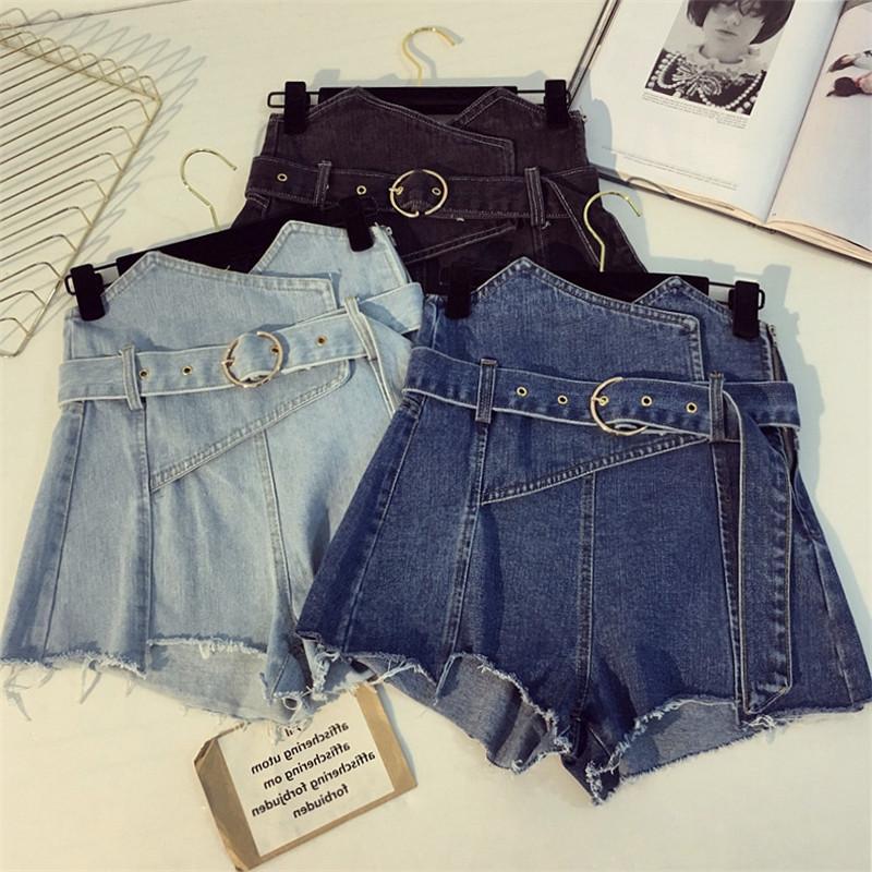 Women Plus-Size Shorts Loose High Waist A-line Jeans Short Vintage Solid Side Zipper Sashes Asymmetrical Female Denim Women's