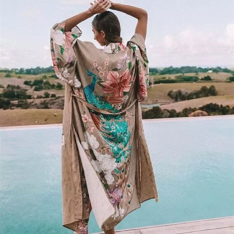 Bohemian Printed Bikini Cover-ups Cotton Tunic Women Summer Beach Wear Swim Suit Cover Up Long Kimono Cardigan Sarongs A137 210420
