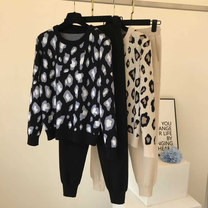 Women Knit Leopard Pullover Sweaters+Pants Sets Woman Fashion Jumpers Trousers 2 PCS Costumes Outfit 210709