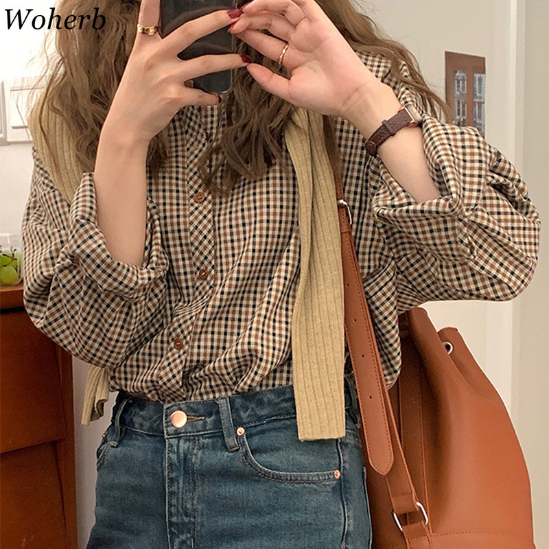 Woman Blouses Spring Summer Vintage Plaid Shirt Japanese Style Long Sleeves All Match Casual Blusas Korean Chic 210519