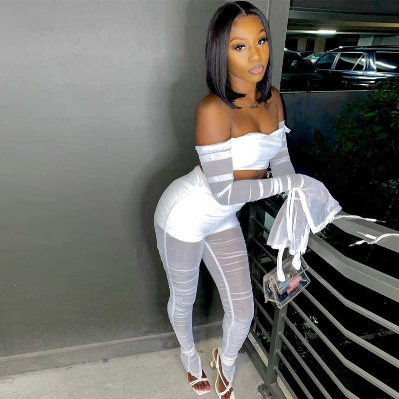 White Black Mesh Two Piece Set Long Sleeve Crop Top and Stacked Pants Sexy Birthday Club Outfits for Women D16-DF32 Y0625