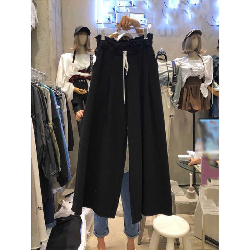 Spring And Summer Fashion Casual Loose Elastic Waist Trousers Comfortable Home Lace-up Cotton Ladies Wide-leg Pants 210615Z
