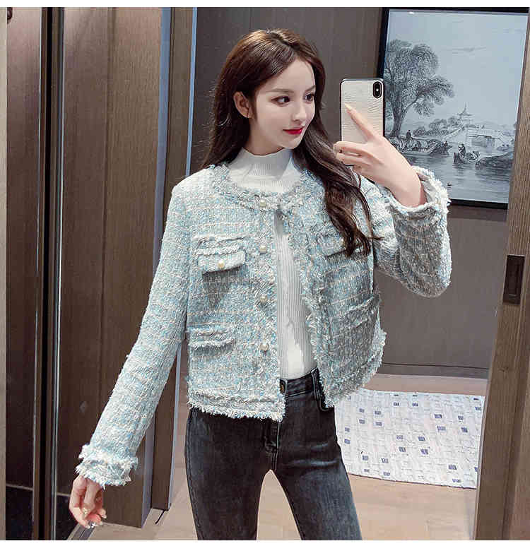 Women Elegant Tweed Outerwear Spring Round Neck Single Breasted Blends Wool Female Long Sleeve Jacket Coat 210519