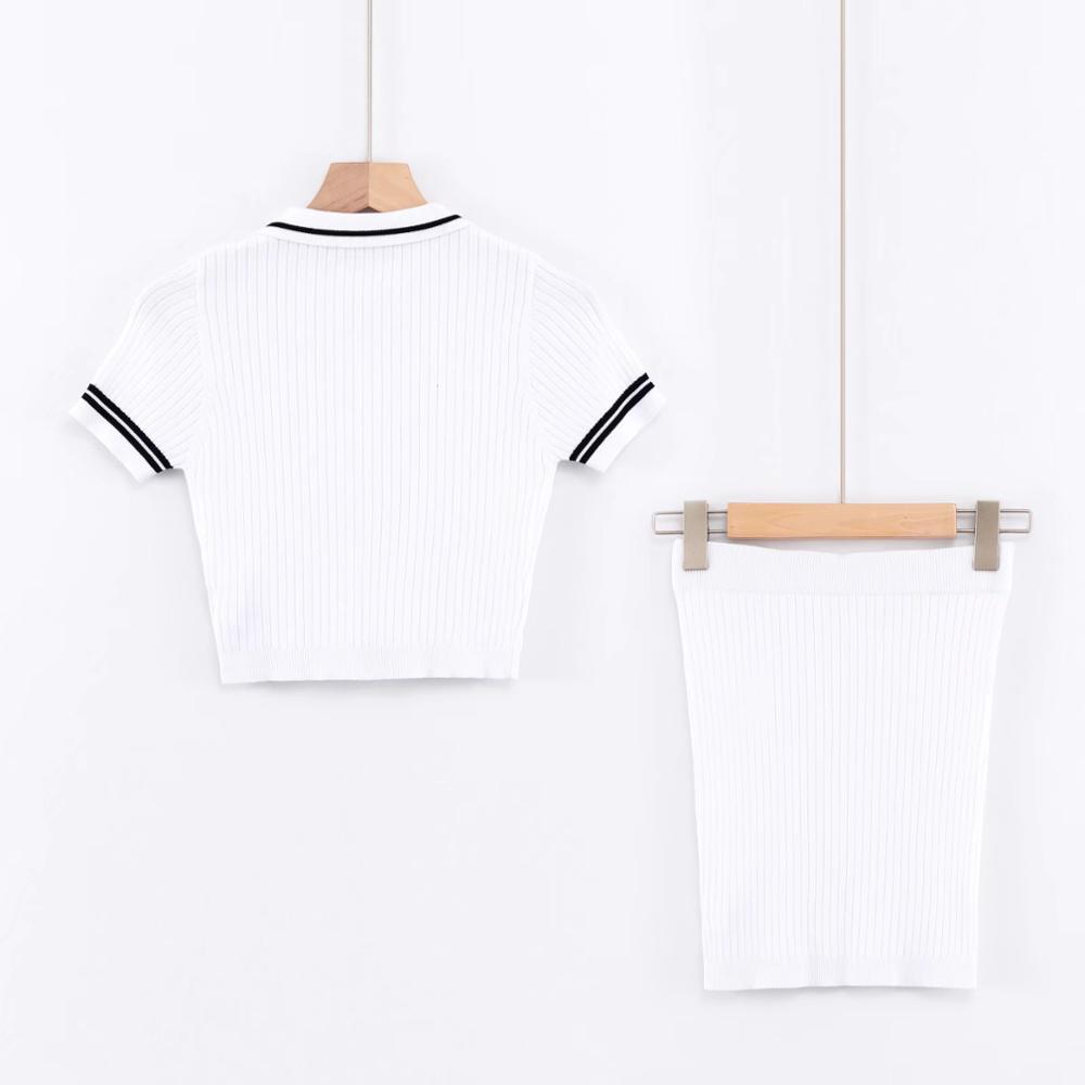Lapel Knitted Short Sleeve T-shirt Casual Women Package hips Mini Skirt Crop Top Pullover Tee Tops 2 Pieces Set 210429