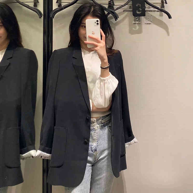 Women Solid Casual Office Wear Blazer With Pockets Long Sleeve Single Breasted Jacket Coat Notched Collar Ladies Tops 210414