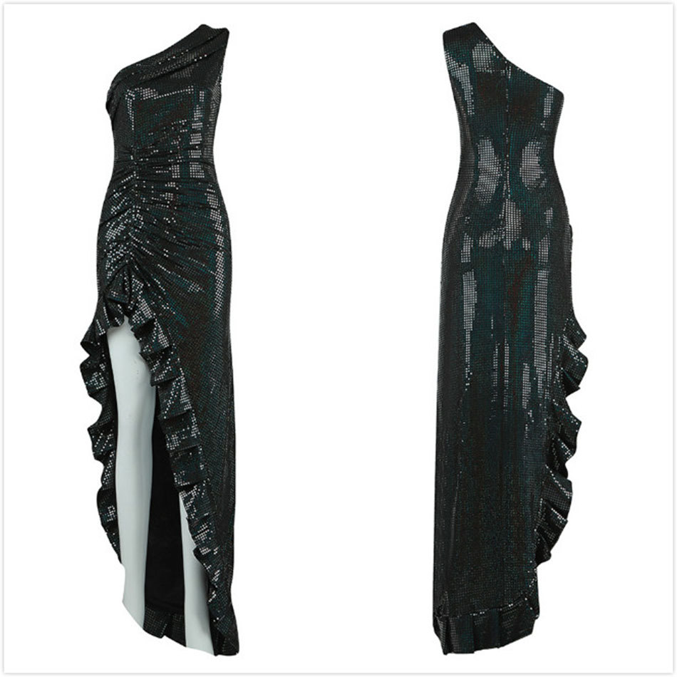 Free Sexy Irregular Sequined Dress One Shoulder Sleeveless Draped Bodycon Ruffle Club Runway Party 210524