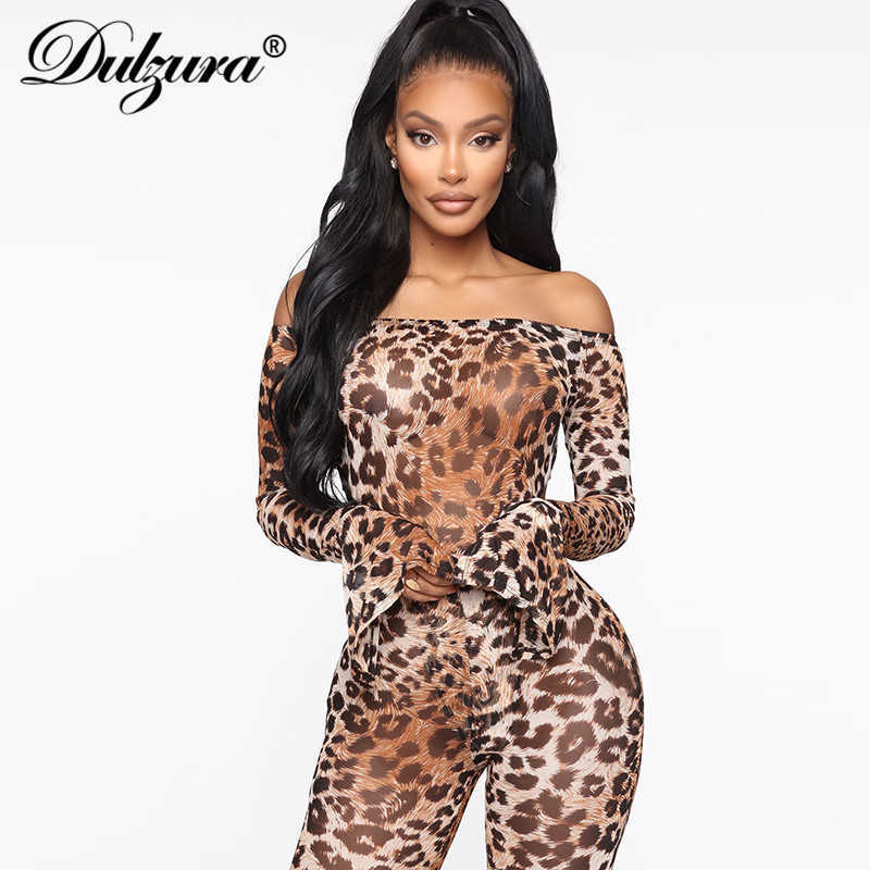 Dulzura leopard women two piece thong bodysuit leggings set long flare sleeve off shoulder elegant bodycon sexy streetwear club Y0625