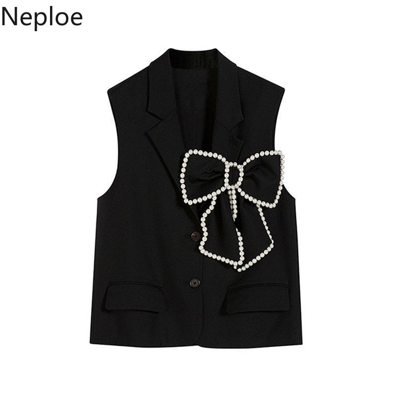 Neploe Women Vest Beading Bow Black Waistcoat Single Breasted Tank Jackets Korean Fashion Sleeveless Loose Streetwear Tops Femme 210910