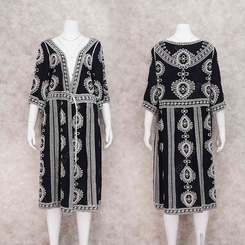Indie Folk Embroidered Bikini Cover-ups Sexy Front Open Three Quarter Sleeve Long Kimono Cardigan Plus Size Women Beachwear Q879 210420