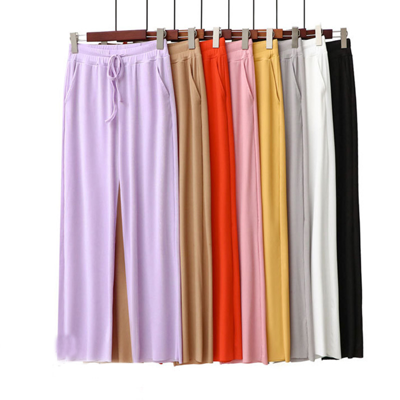 Women wide leg long Pants with pockets Summer Casual Soft Ice Silk Wide Leg elastic waist Trousers pants 210524