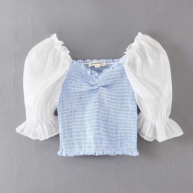Puff Sleeve Gauze Spliced Plaid Crop Top Women Sexy Wood Ears Ruffle Tank Tops Summer Cool Girl Streetwear Slim Fit Tees 210429