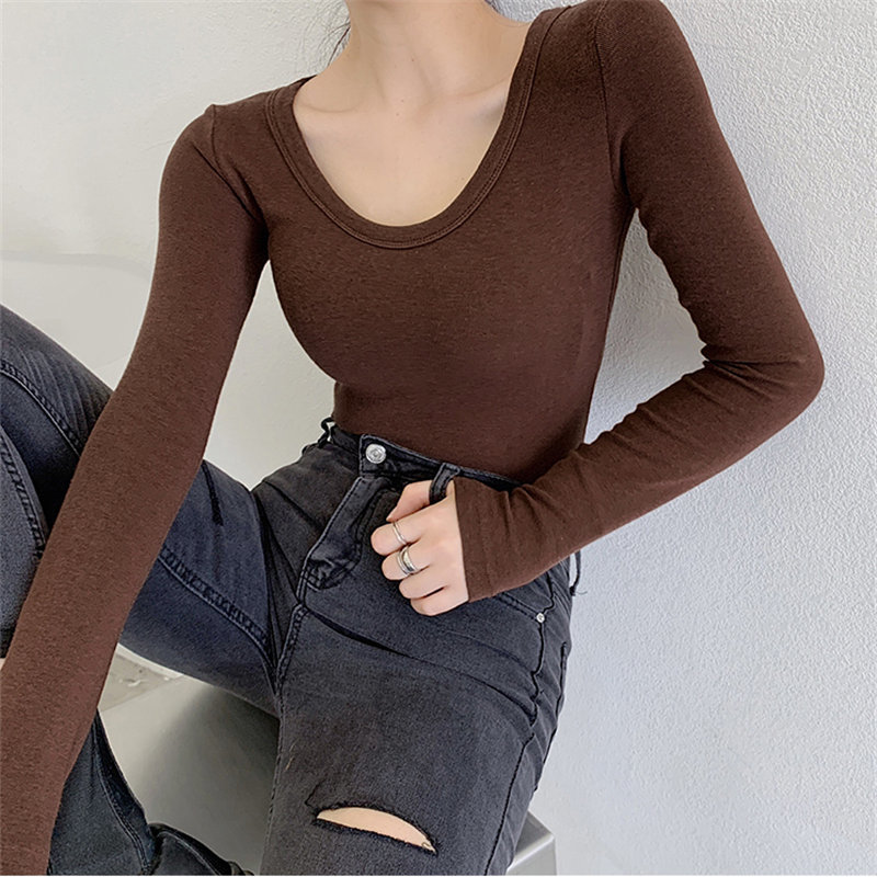 Female All Match Solid Basic Women Stylish O-Neck Slim Brief Tops Full Sleeves Plus Size T-Shirts 7 Colors 210421