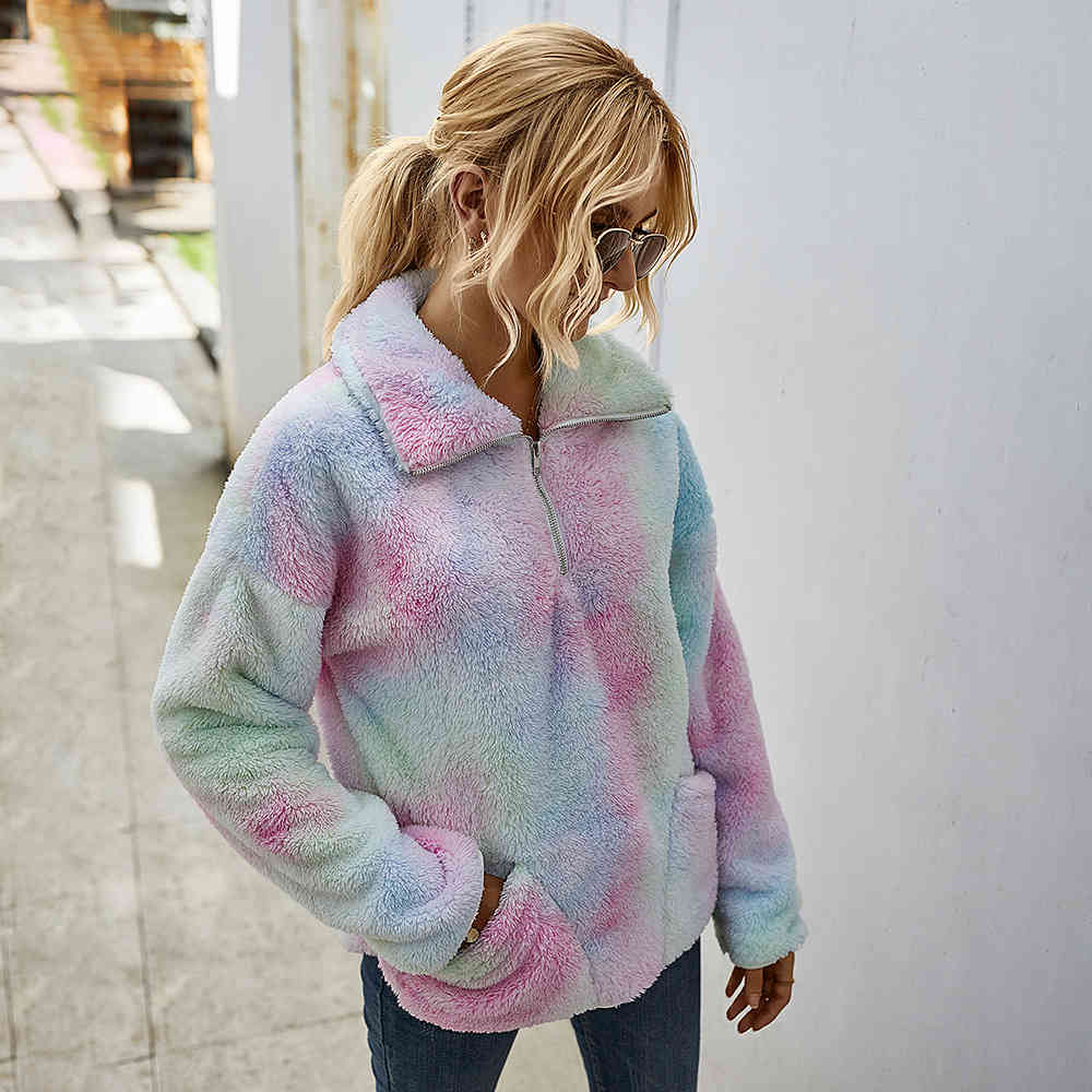 Autumn Fleece Zipper coat jacket Women's Winter Tie-Dye Fur Vintage coats Plush Jacket for Full Print clothes 210508