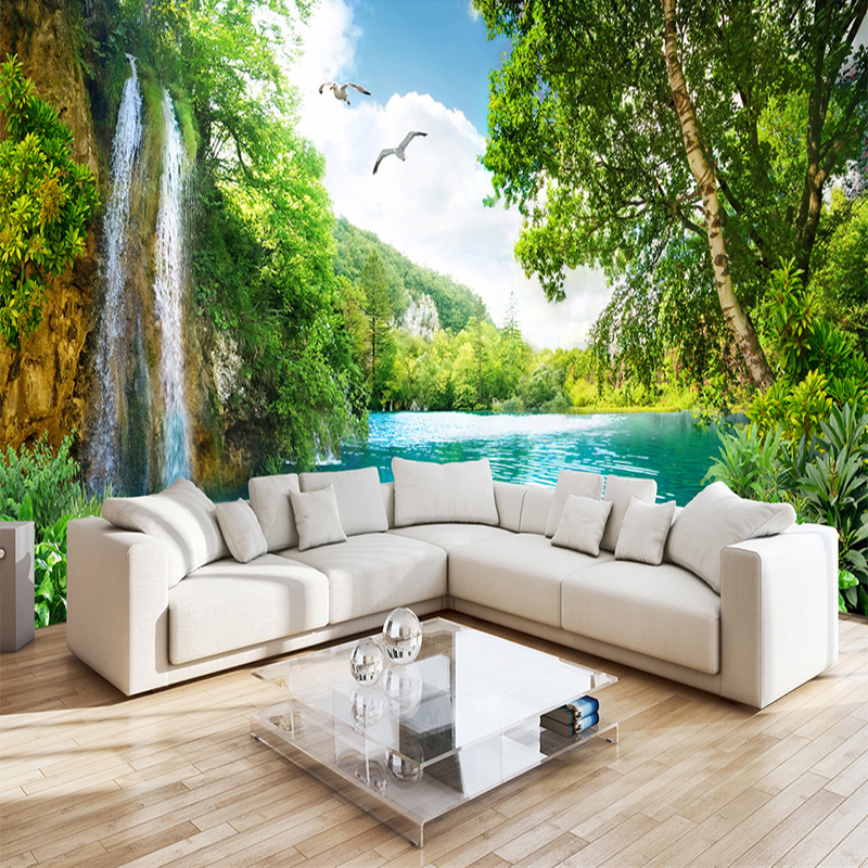 High photo Custom Mural Wallpaper Home Decor Green Mountain Waterfall Nature Landscape 3D Photo Wall Paper For Living Room Bedroom