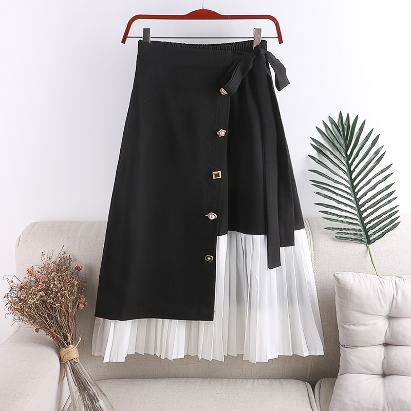 Nomikuma Korean Buttons Irregular Patchwork Women Skirt Bow Tie Stretch High Waist Skirts Causal Spring Autumn New Faldas 6E333 210427