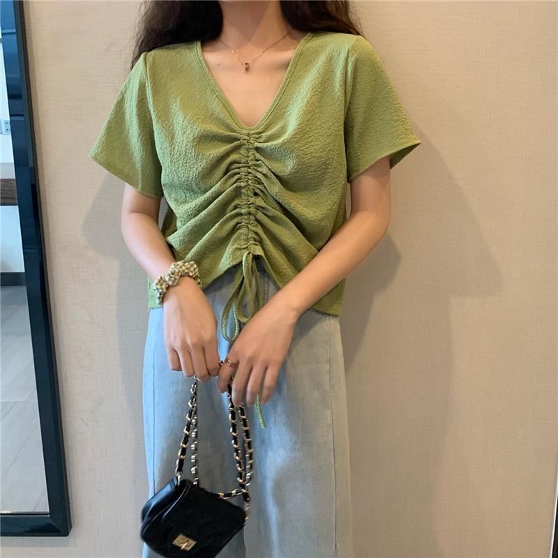 Wonder loose short paragraph ride short-sleeved T-shirt female summer drawstring fold plus size tops 210510