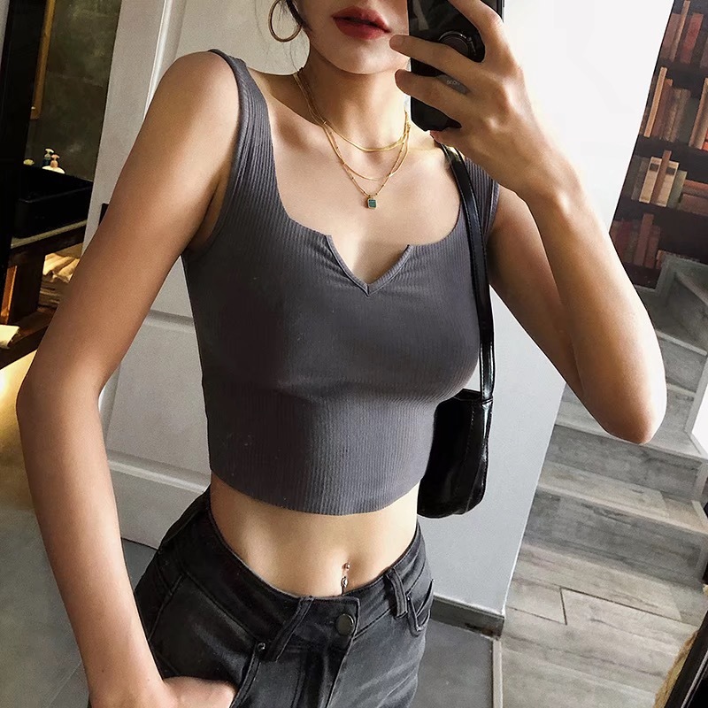 Sexy V collar Tank Tops Fashion Sleeveless s Knitted Rib Crop Streetwear Cropped Sports Women 210429