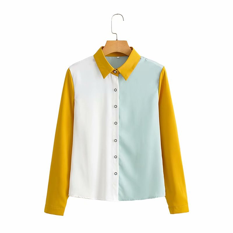Vintage Lapel Long-sleeved Women Shirt Fashion Contrast Stitching Single Breasted Loose Casual Chic Female Shirts 210507