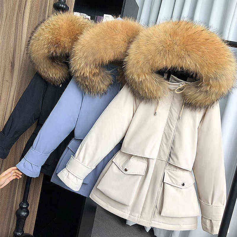 Fi Winter Jacket Women Large Natural Fur White Duck Down Coat Thick Parkas Warm Sash Tie Up Zipper Down Snow Outerwear 211102