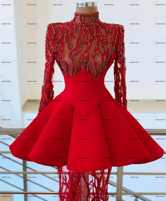 High Neck Red Short Prom Dresses 2022 Luxury Beaded Pearls Long Sleeve Puffy Skirt Cosplay Knee-length Cocktail Evening Gown