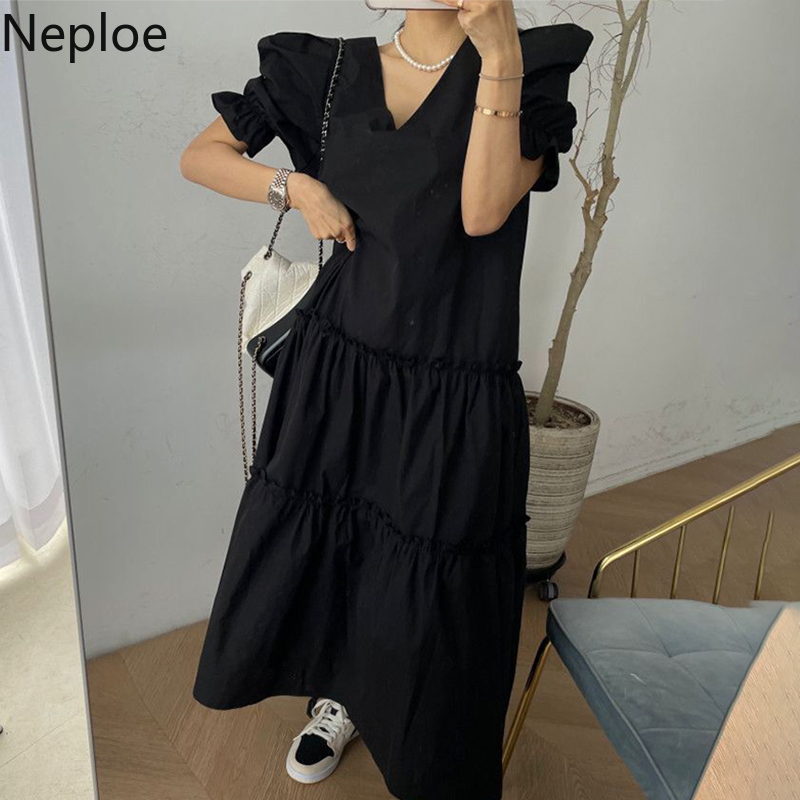 Neploe Fashion Ruffle Dress Women Puff Sleeve V Neck Casual Summer Vestidos Mujer Korean Patchwork Pleated Plus Size Dresses 210422