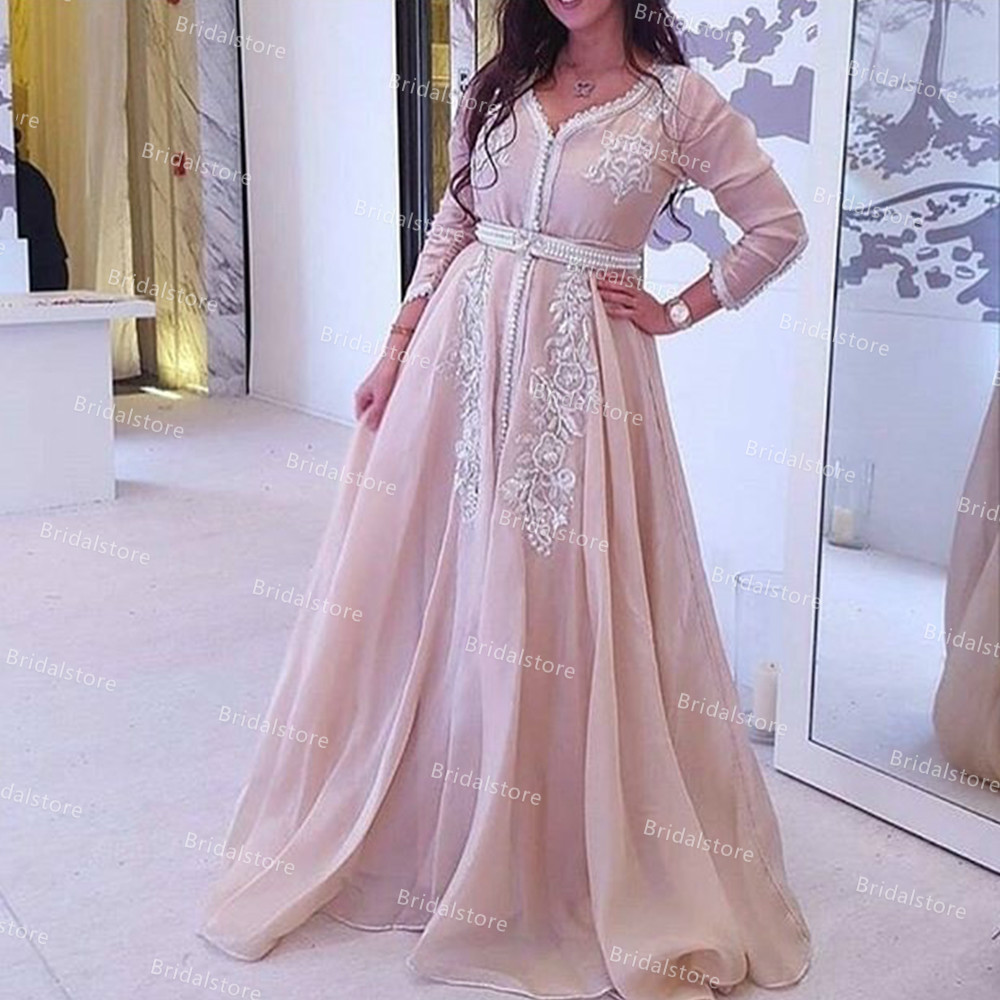 Elegant Pink Moroccan Caftan Evening Dress With Sleeve A Line Chiffon Arabic Muslim Prom Dresses 2021Appliques Robes De Soirée Femme Formal Party Maxi