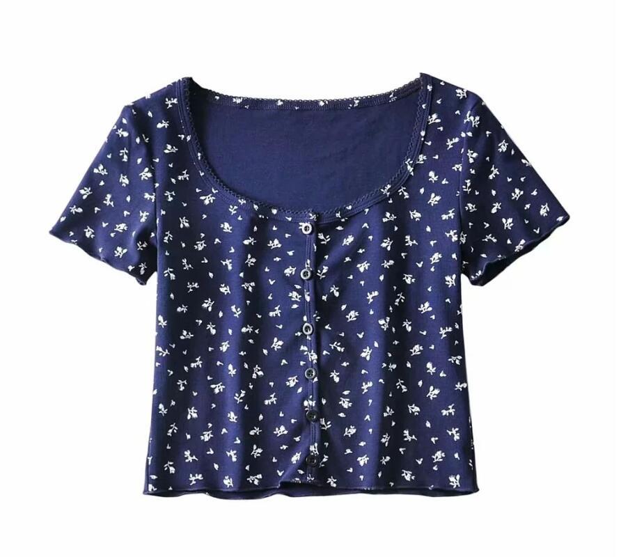 5 Colors CHIC 70s Vintage O neck Floral Short Sleeve Tee Base T-shirts Girl Single-breasted Button T-shirt crop top 210429