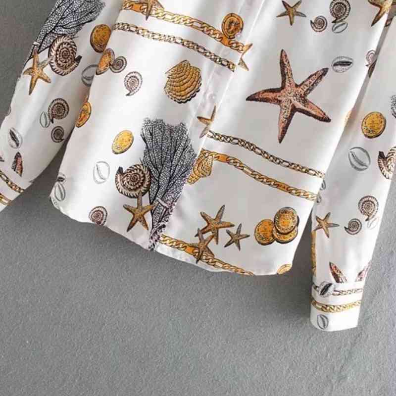 Shell Chain Printing Women Long Sleeve Shirts Autumn Leisure Lady Turndown Collar Blouses Loose Tops S6723 210430