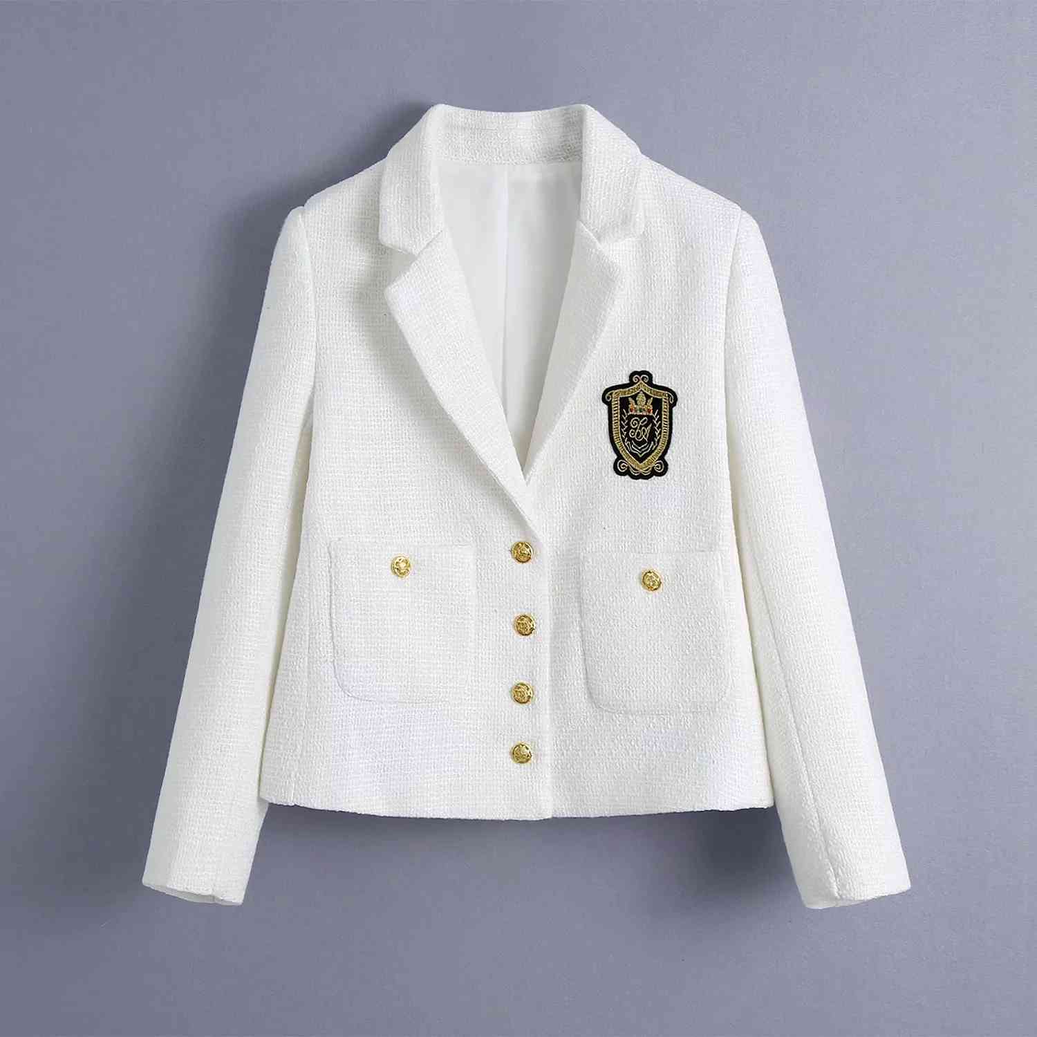 Women England Style Badge Patch Woolen Blazer Coat Vintyage Office Lady Long Sleeve Single Breasted Chic Female Outwear Tops 210521