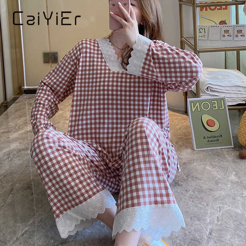 CAIYIER Women Grid Pajamas Set Princess Sweet Fashion Cute Sleepwear Sexy Lace Long Sleeve Pant V-Neck Loose Homewear 2Piece/Set 210924