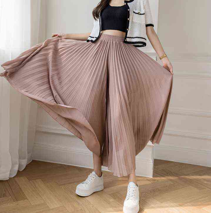 Women Summer Autumn Pleated Loose Pants Fashion Female Chiffon Elastic Waist Skirt Black Blue Wide Leg Femme 211124Z