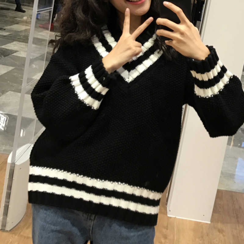 Autumn V-neck Sweater Women Vintage Jumper Blue Knitted Striped Sweaters For Women White Harajuku Sweater Pullover Winter Warm 210918