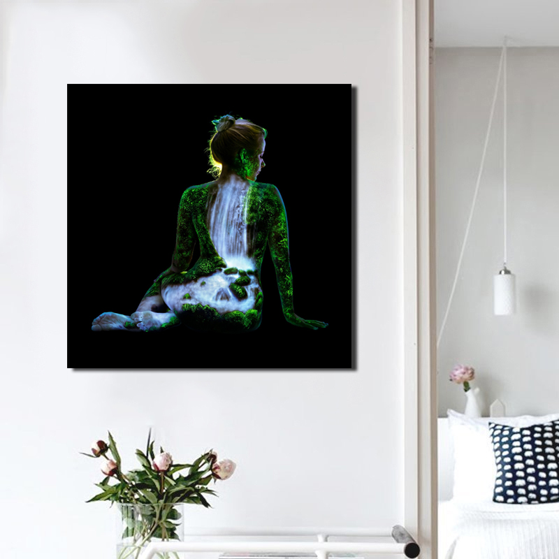Tree and Waterfall Landscape Painting Girl Silhouette Prints and Posters for Living Room Modern Decorative Paintings